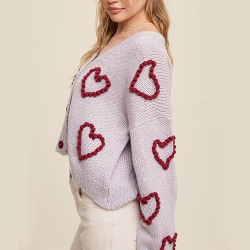 Image of Valentine's Day Cardigan Sweaters for Women Love Heart Print Button Down Cropped Cardigans Y2K Open Front Knit Sweater