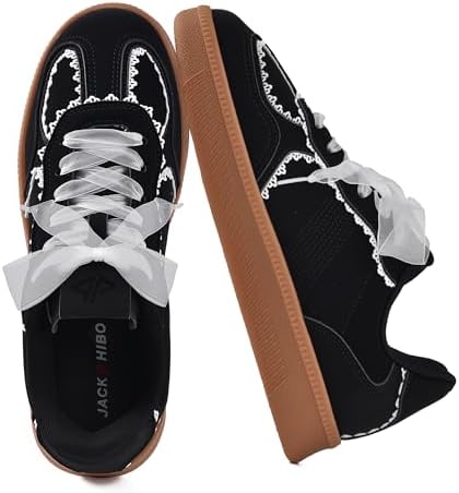 JACKSHIBO Women's Ribbon Lace-Up Fashion Sneakers Arch Support Gum Sole Tennis Walking Shoes with Memory Foam