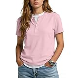 Henley Shirts for Women Womens Short Sleeve Blouses Fall Summer 3 Button Slim Fit Basic Casual Tshirts Spring Holiday Outfits Blusas De Mujer De Moda En Oferta Pink M