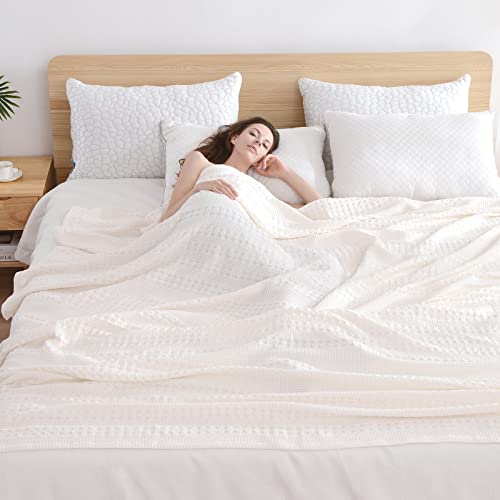 Chavish Cotton Waffle Blanket Queen Size, Luxury Soft Breathable Waffle Wave Blanket Skin Friendly, Lightweight Waffle Knit Blanket For Bed Cream 90"X98" #TOP1