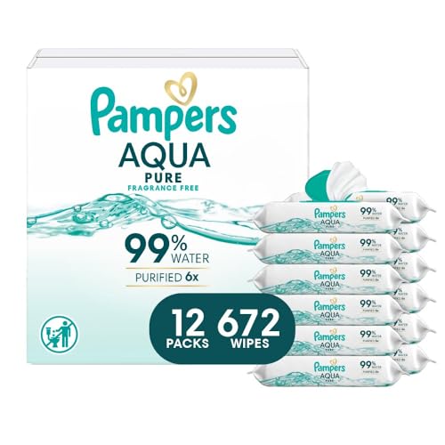 Image of Pampers Baby Wipes Aqua Pure, 99% water-based wipes, Hypoallergenic and Unscented Baby Wipes, 672 Wipes Total (12 Flip-Top Packs)