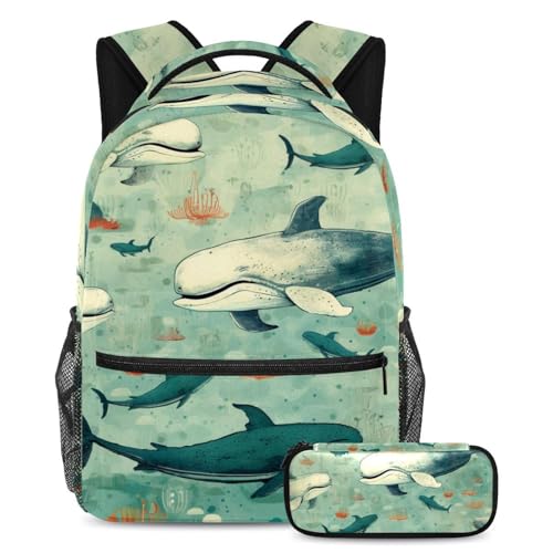 Cartables de grande capacité scolaires et voyage, sac ado avec trousse algues et baleines