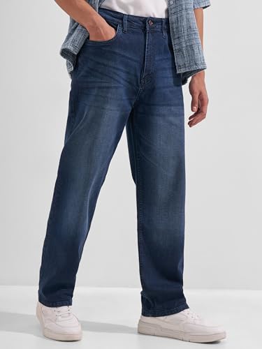 Image of Highlander Men Men's Premium Loose Straight Fit Mid-Rise Cotton Lycra Jeans - Button Closure, Machine Washable, Comfortable All-Day Wear for Casual & Semi-Formal Occasions