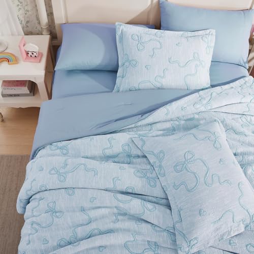 Image of King Size Comforter Set - 7 Pieces Bow Comforter Jacquard King Bedding Set | Cottage Core Bed in a Bag for Girls, All Season Bed Set with Comforter, Sheets, Pillowcases & Shams, Light Blue