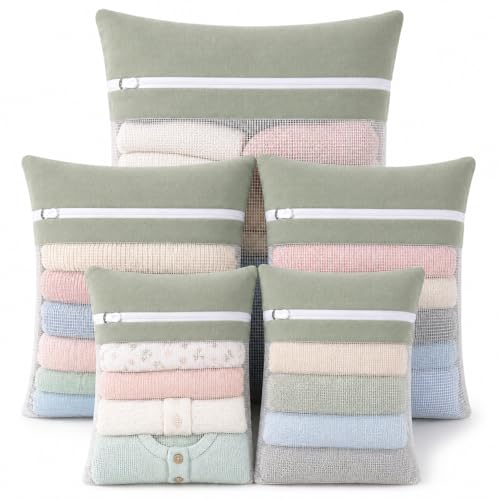Green 5-piece set in bags, durable cotton mesh laundry bags, sturdy zipper, breathable mesh, delicate laundry bags, suitable for underwear, clothes, pants, and socks