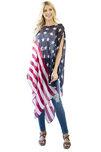 American Flag Print Cardigan - July 4th USA Star & Stripe Patriotic Lightweight Shawl Open Kimono Cardi/Vest Cover (US, Alpha, One Size, Regular, Regular, Shawl Poncho - USA Stars)