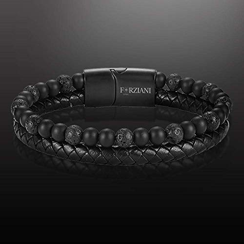 Forziani Multilayer Black Leather And Black Onyx Lava Stone Bracelet For Men - Mens Braided Leather Stainless Steel Wrap Wristband Cuff Bracelet - Size Medium - Gift Box Packaged - Best Gift For Men #TOP2