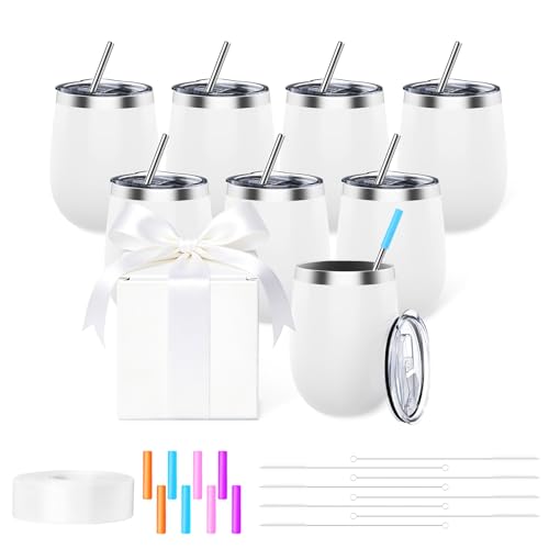 ColorSub 8 Pack 12oz Sublimation Wine Tumblers Stainless Steel Double Wall Sublimation Blanks Wine Cups with Lids & Straws Silicone Straw Tips Gift Box Matte White