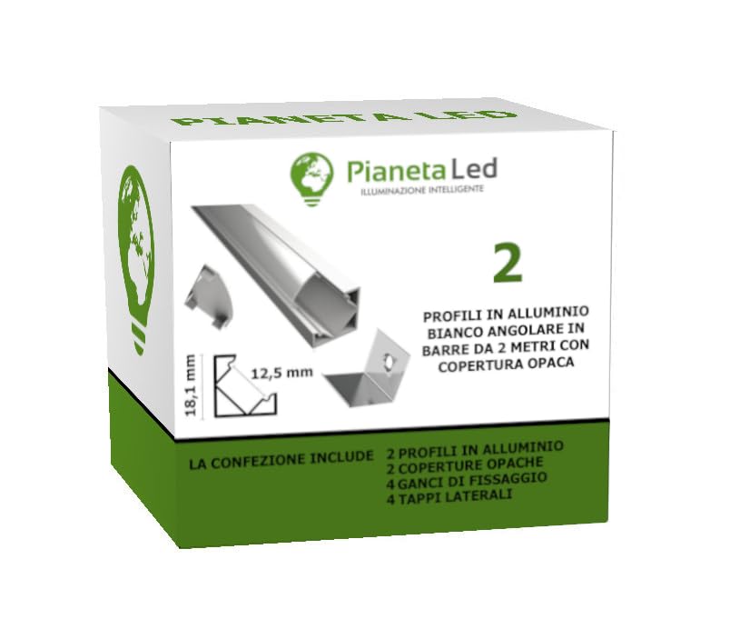 PROFILI IN ALLUMINIO BIANCO 45° 6063 TL1919 IN BARRE DA 2 MT PER STRISCE A LED CON COVER OPACA TAPPI E GANCI DI MONTAGGIO INCLUSI (2, COVER OPACA)