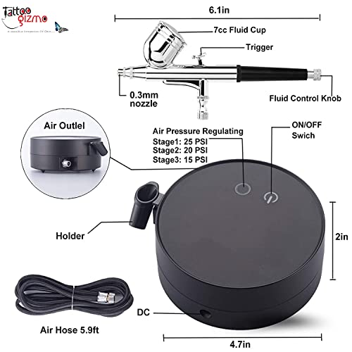 Image of Tattoo Gizmo Aerograph Portable,Light Weight,High Performance Airbrush Compressor Kit,Dual Action Gun for Art, Craft, Makeup,Cake Decoration, Temporary Tattoos (AG-300K-Auto (Black))