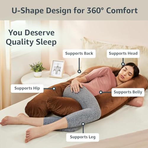 Image of Amazon Basics Full Body Pregnancy Pillow for Maternity,Baby Nursing,Full Body Support-Abdomen,Hip,Spine,Neck&Leg Support Cushion| Perfect Baby Shower Gift | U-Shaped-Washable Cover with Zip - Brown