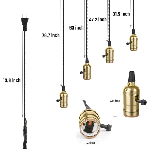 Vintage Plug-in Pendant Light Kit with 1-to-4 Hanging E26/E27 Sockets, Industrial Hanging Light with Individual Rotary Switches, Easy DIY Lighting for Living Room, Patio and Plant Corners, Gold - Image 5