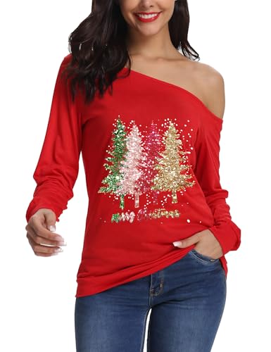 Festive Christmas Tees Women Off Shoulder Long Sleeve 6 christmas tees - red 10