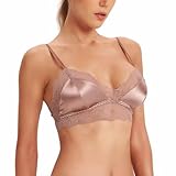 SilRiver Damens Bralette aus Seidensatin ohne Bügel - Spitzen-BH mit herausnehmbaren Einlagen für Sommer & T-Shirts (Medium, Champagnerfarben)