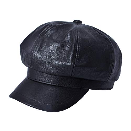 ZLYC Unisex PU Leder Ballonmütze Schirmmütze Retro Klassisch Achteck Kappe Winter Baskenmützen, Schwarz, Gr. Einheitsgröße Cover