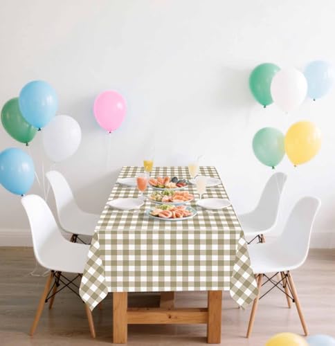 Image of SietDESEO 2 Pack Brown Gingham Tablecloth Rectangle 54 x 108 Brown and White Checkered Table Cloth Disposable Plaid Table Cover Plastic for Birthday Baby Shower Picnic Wedding Party Supplies