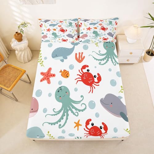 Image of jejeloiu Dolphin Bed Sheets Sets Queen Size Kids Boys Girls Jellyfish Crab Starfish Bedding Set Ocean Bed Sheet Set with 16-Inch Deep Pockets 4Pcs with 2 Pillow Cases