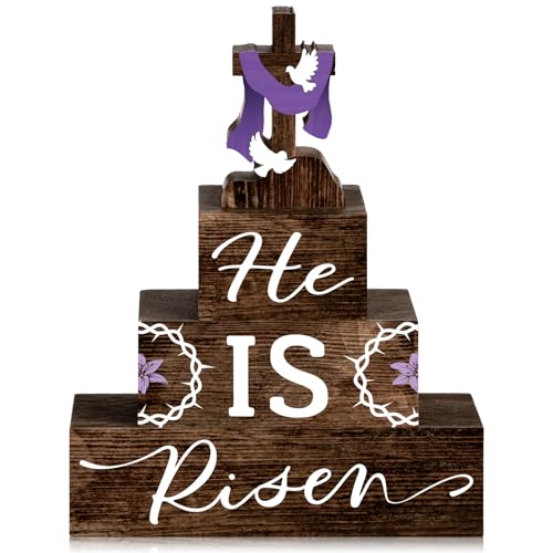 4 Pcs Easter Table Decorations He Is Risen Wooden Table Sign Religious Wood Table Centerpiece Easter Cross Blocks Farmhouse Tiered Tray Decor for Home Kitchen Table Shelf Decor Religious