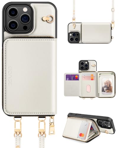 Coque pour iPhone 16 Pro anti-perte et anti-piratage avec grand portefeuille zippé blanc