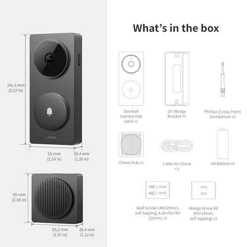 Aqara Smart Türklingel Kamera G410 mit Chime, 2k, Homekit-Sicherheits-Video, 2-Wege Audio, Integrierte Matter Hub, drahtlos/draht, unterstützt Apple Home, Google, Home-Assistant, 2.4G/5GHz WLAN, Grau