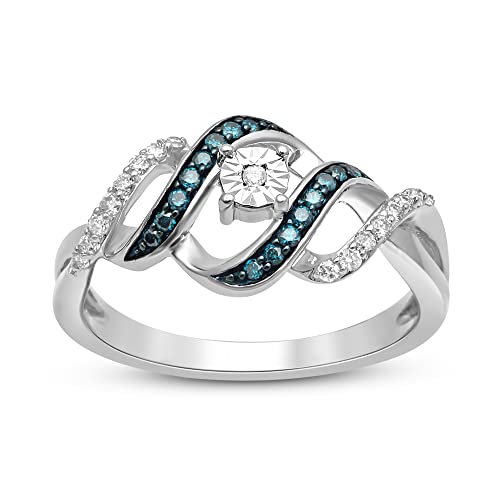 Jewelili Sterling Silver 1/4 Cttw Treated Blue and Natural White Round Diamond Engagement Ring, Size 7