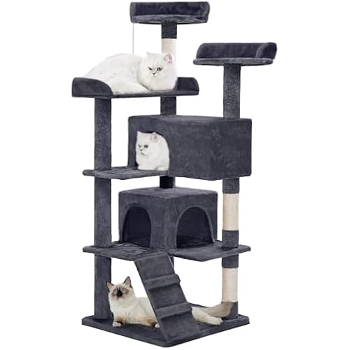 Made4Pets Cat Tree Tower 56in Cat Tower for Indoor Cats Kitten Tree Multi-Level Cat Tree with 2 Condo Furniture Activity Center with Scratching Posts Funny Toys Kittens Pet Play House, Grey