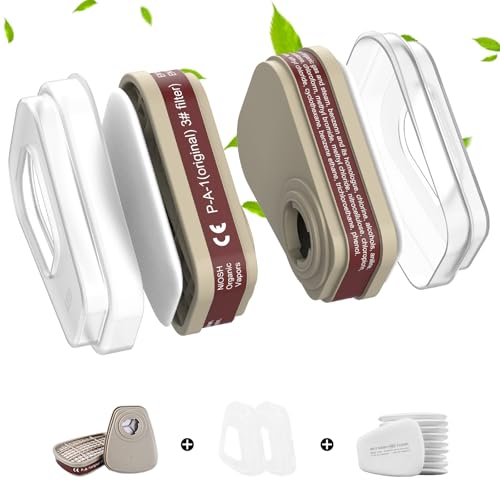 ACDOLF Set di filtri per respiratori, filtri contro vapori organici, filtri in cotone, 10 filtri in cotone + 2 filtri e 2 tappi di copertura per verniciatura, fai da te, cantieri e industria