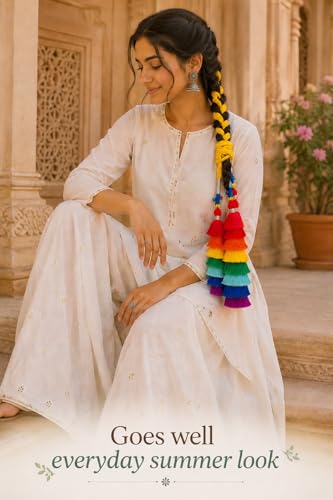 Image of Zippy Flora Satrang Cotton Parandi (Multi) | Handmade Boho Parandi | Traditional Hair Accessory with Braid Tassles & Shells | Hair Extension |Choti for Women | 22 Inches Length