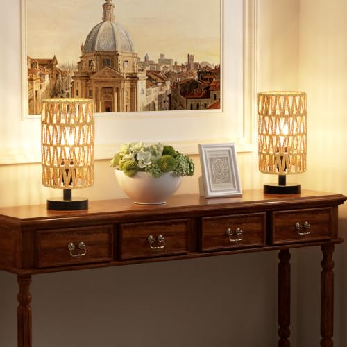 Image of Table Lamps Set of 2 (Rattan Rope Shade - Black Base, 9 inch Inline Control)