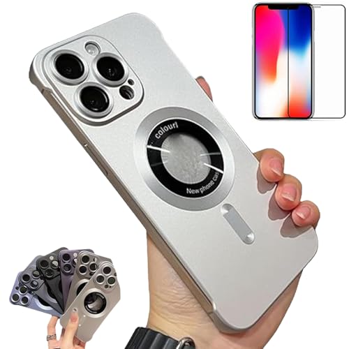 Borderless Frosted Magnetic Half-Cover Mobile Phone Case for iPhone, Frameless Matte Ultra-Thin Sleek Profile Magnetic Phones Case for iPhone 16/15/14/13/12Pro Max with Lens Film (13promax,Silver)