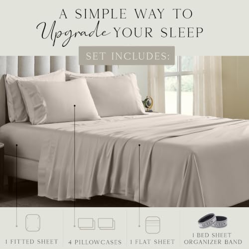 Image of KARISSA MAE 6 Piece Luxury Bamboo Viscose Queen Sheet Set, 4 Pillowcases | FSC Certified | Cooling | Ultra Soft | 18 inch Deep Pockets | Elastic Corner Straps | Includes Organizer Band [Dune]