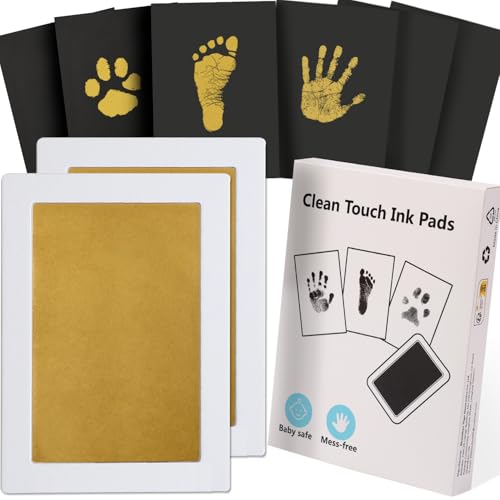 Zemiu Baby Handprint and Footprint XL Size Kit,2 Pcs Baby Handprint Ink Pads with Clean-Touch & 6 Imprint Cards Safe for Baby, Family Keepsake, Pet Paw-Gold