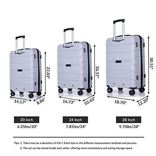 3 Piece Luggage Sets with Spinner Wheels Hardshell,Travel Suitcase&Rolling Suitcase&Hard Suitcases with Wheels,Adjustable Pull Rod,Name Card,TSA Lock,Two Hooks,Lightweight PP(20/24/28) (Silver)2