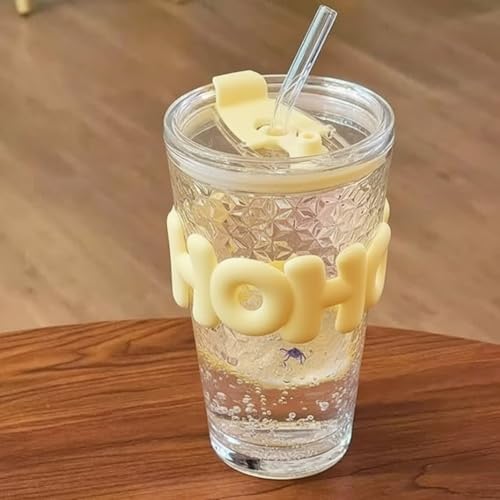 Image of Glass Sipper Tumbler with Straw | Set of 2 | 450ml Stylish Cup for Cold & Hot Drinks | Reusable Travel Mug for Office, Gym, Home (Transparent, Yellow)