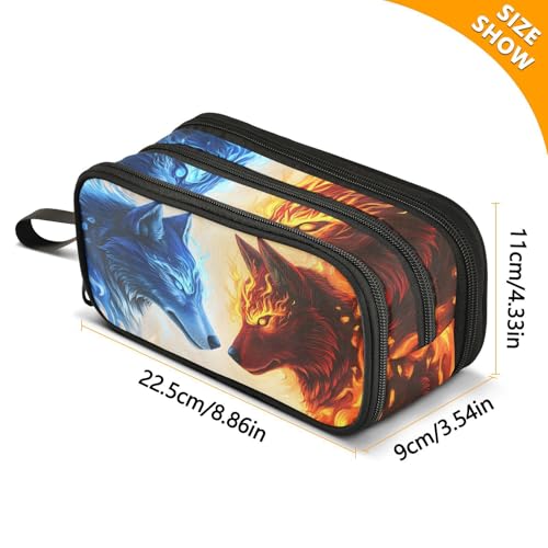 Image of Wolf Ice Blue Fire Pencil Case Box Boys Girls Large Pencil Pouch with Zipper Compartments Big Capacity Stationery Pen Bag Organizer for Kids Teens Adults School