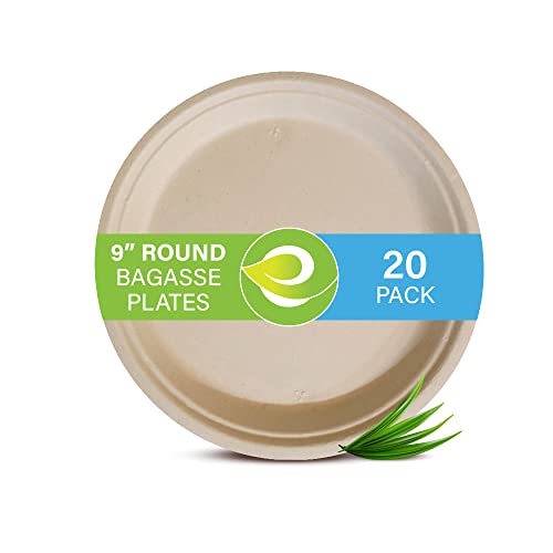 Image of Eco Soul 100% Compostable Bagasse Paper Dinner Plates | Heavy-Duty Eco-Friendly, Sturdy, Microwave & Oven Safe | Party, Wedding, Event Plates (20 Count, 9 inch Round)