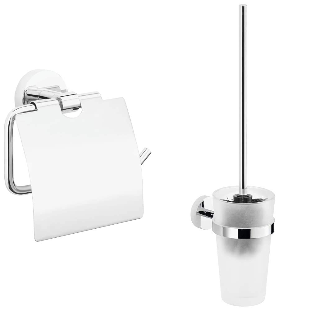 tesa® EXXCELLENT Toilettenpapierhalter mit Deckel + tesa® EXXCELLENT Toilettenbürsten-Set, schickes Design, Metall, verchromt