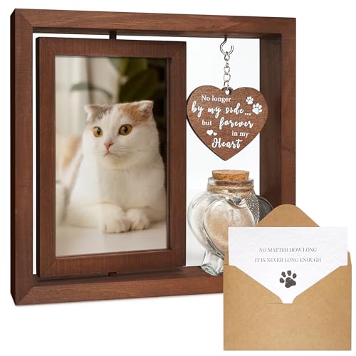 HAMUIERS Cat Memorial Gifts for Loss of Cat - Rotating Wooden Frame for 4x6 Photo & Fur Hair Jar - Sympathy Gift for Pet Bereavement, Remembrance Keepsake - Rainbow Bridge Gift for Cat Lovers