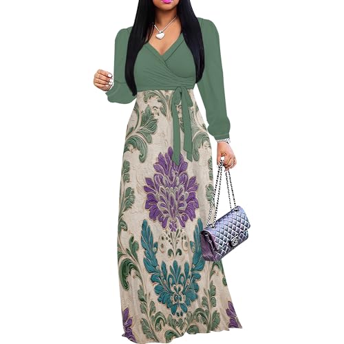 Image of Women's Plus Size Maxi Dresses Long Sleeves V Neck Floral Print Bohemian Swing Long Dress with Belt