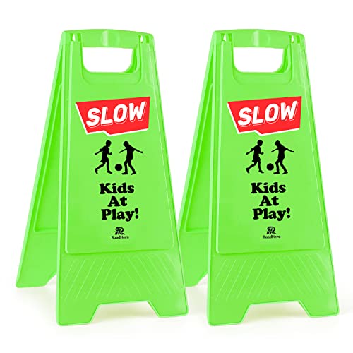 RoadHero 2 Pack Slow at Play sign, Double-sided Caution Playing Sign for Street,Neighborhoods,Schools, Park, Sidewalk, Driveway, Green