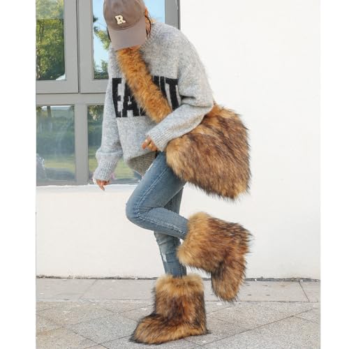 yamerbo Women's Heart Shaped Furry Shoulder Tote Bag Winter Faux Fur Mid-Calf Snow Boots set Y2K Girl Handbag Warm Snow Boots3