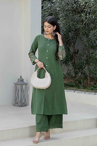 Image of Pistaa's Women Cotton Elegant Off-White Floral Embroidered Sleeves Kurta Palazzo Set