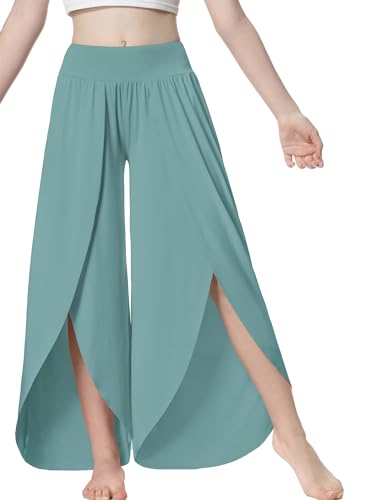 Image of EXARUS Girls Flowy Pants Dance Palazzo Wide Leg Teen Casual Baggy | Tween Split Loose Trousers Elastic High Waisted Vacation Beach Bottoms Youth Front Slit Junior Kids Size 6-12Y