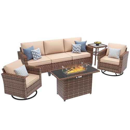 Image of UDPATIO Patio Furniture Set with Fire Pit Table and Swivel Rocking Chairs, 5 Pieces Outdoor Wicker Furniture Set with Waterproof Cover, 4'' Thickened Cushion, Khaki