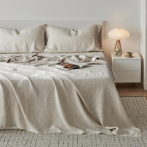 Simple&Opulence 100% Washed Linen Sheet Set-Natural French Flax Bed Sheet-4 Pc Breathable Soft Bohemian Chic Bedding (1 Flat Sheet,1 Fitted Sheet,2 Pillowcases) with Hollow Hemstitch-Knot Linen,Queen