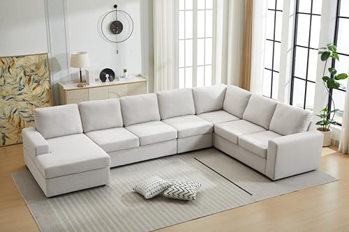 Image of Ball & Cast 147 inch L-Shaped Sectional Couch for Living Room with Reversible Chaise & Removable Back Cushions,7 Seat Linen Upholstered Convertible Sectional Sofa Set,DIY Combination,for Home,Office,Beige