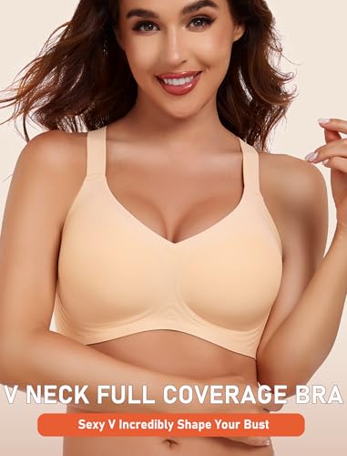 Image of Gailife Wireless Smooth Bras for Women No Underwire V Neck Womens Bralettes Seamless Push Up T Shirt Everyday Bras and Plus Size-Beige,4XL