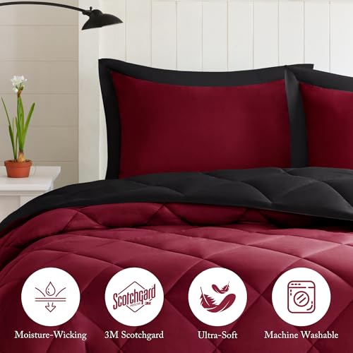 Image of Madison Park Comforter Set, Reversible Down Alternative All Season Microfiber Bedding, 3M Scotchgard Stain Release, King /Cal King Dorm Comforter, Red /Black