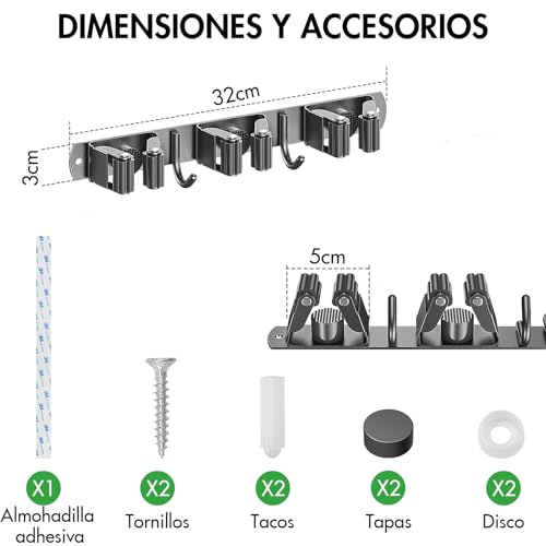Miniatura 3 de Radikor Colgador Escobas Y Fregonas, Soporte Escobas Pared 3 Soportes