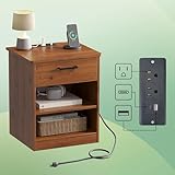 ODIKA Everyday Side Table with Fast Charging Station - USB C Cable Fast Charging, Wooden Brown Nightstand Bedside Table with Drawer, End Table with Optional Adjustable Shelf for Bedroom, Set of 1